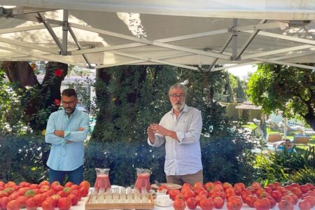 Dos hombres promocionando los beneficios para el bienestar de una mesa llena de tomates.