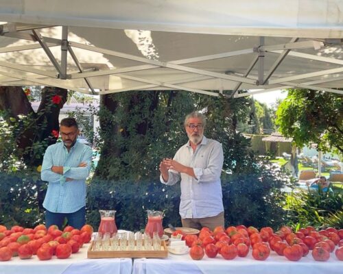 Dos hombres promocionando los beneficios para el bienestar de una mesa llena de tomates.